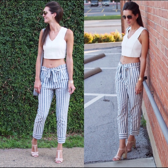 NWT Zara Chambray Striped Paper Bag Waist Pants - Picture 5 of 5